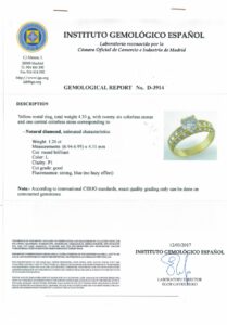 Sortija Certificada en Oro de 18k. con Diamante Talla Brillante de 1.26 ct. (L-P1) y 26 Brillantes de 0,90 ct. aprox.